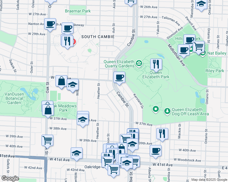 map of restaurants, bars, coffee shops, grocery stores, and more near 4963 Cambie Street in Vancouver