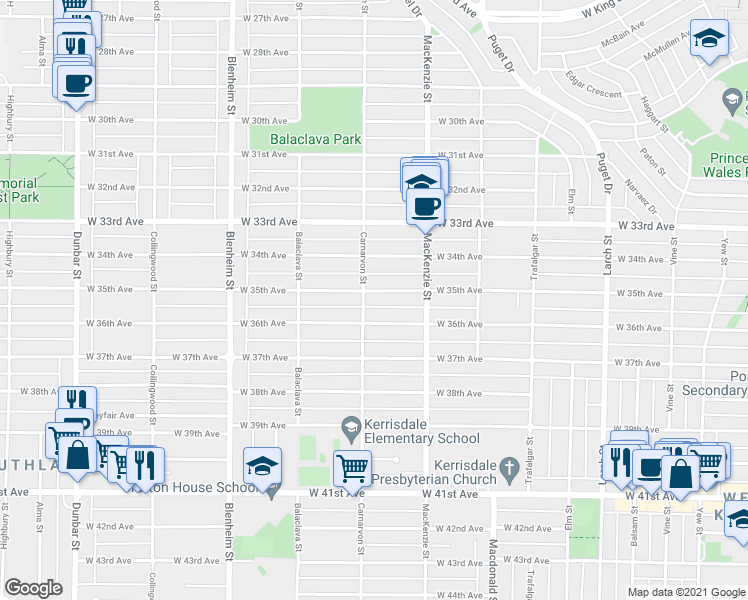 map of restaurants, bars, coffee shops, grocery stores, and more near 2986 West 35th Avenue in Vancouver
