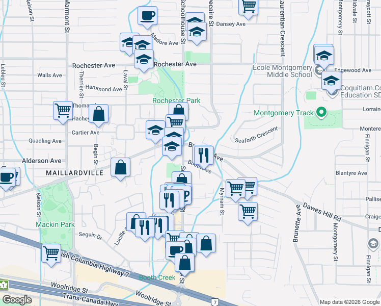 map of restaurants, bars, coffee shops, grocery stores, and more near 295 Schoolhouse Street in Coquitlam