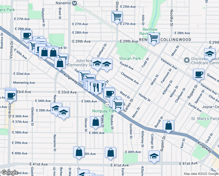 map of restaurants, bars, coffee shops, grocery stores, and more near 2632 Ward Street in Vancouver