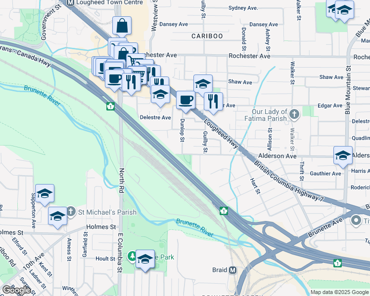 map of restaurants, bars, coffee shops, grocery stores, and more near 263 Dunlop Street in Coquitlam