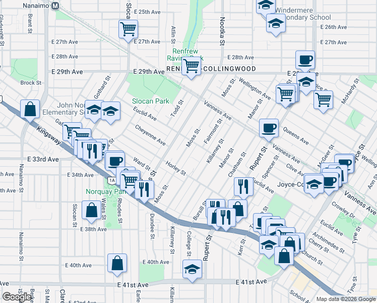 map of restaurants, bars, coffee shops, grocery stores, and more near 4932 Moss Street in Vancouver