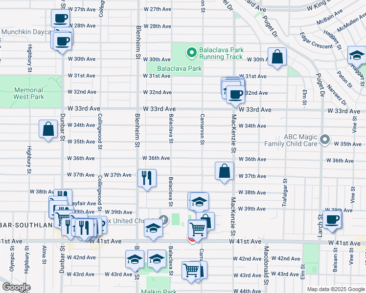 map of restaurants, bars, coffee shops, grocery stores, and more near 3126 West 35th Avenue in Vancouver