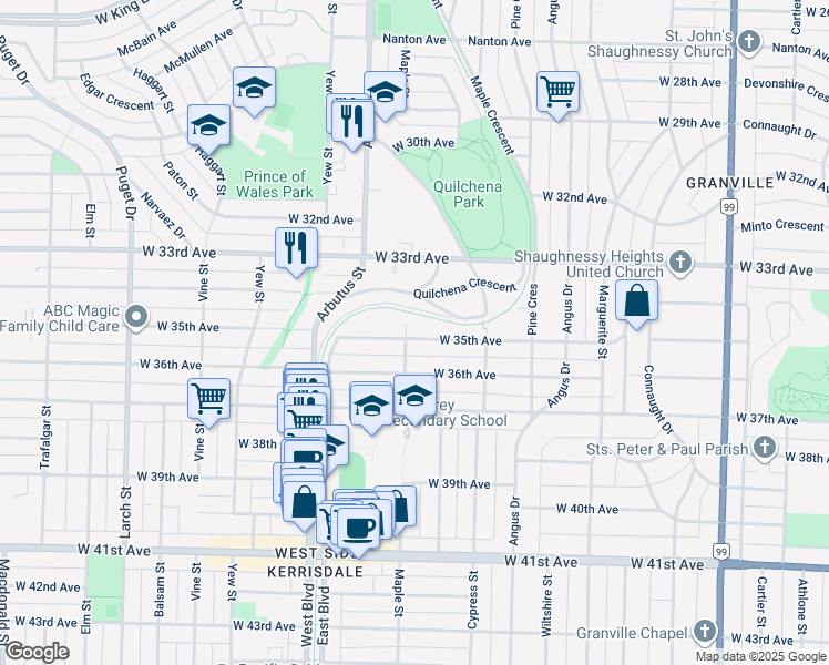 map of restaurants, bars, coffee shops, grocery stores, and more near 1997 West 35th Avenue in Vancouver