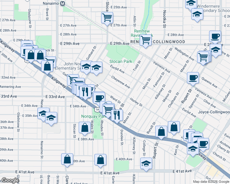 map of restaurants, bars, coffee shops, grocery stores, and more near in Vancouver