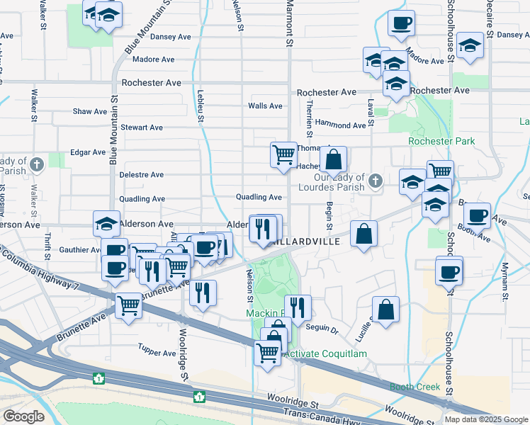 map of restaurants, bars, coffee shops, grocery stores, and more near in Coquitlam
