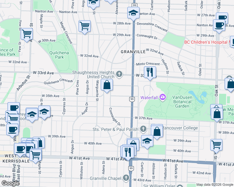 map of restaurants, bars, coffee shops, grocery stores, and more near 1569 West 35th Avenue in Vancouver