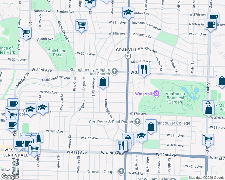 map of restaurants, bars, coffee shops, grocery stores, and more near in Vancouver