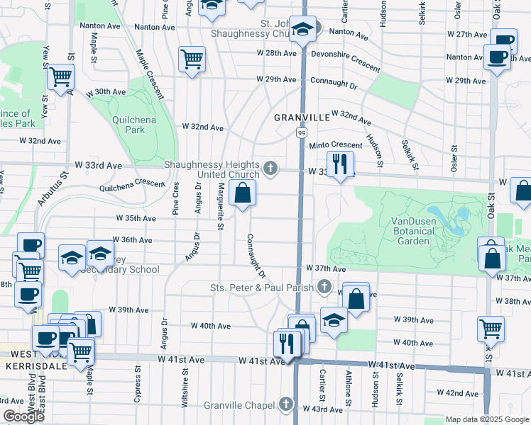 map of restaurants, bars, coffee shops, grocery stores, and more near 1569 West 35th Avenue in Vancouver