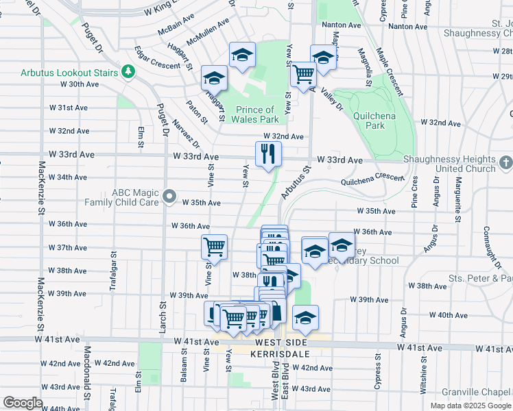 map of restaurants, bars, coffee shops, grocery stores, and more near 2150 West 35th Avenue in Vancouver