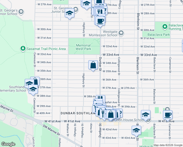 map of restaurants, bars, coffee shops, grocery stores, and more near 3708 West 35th Avenue in Vancouver