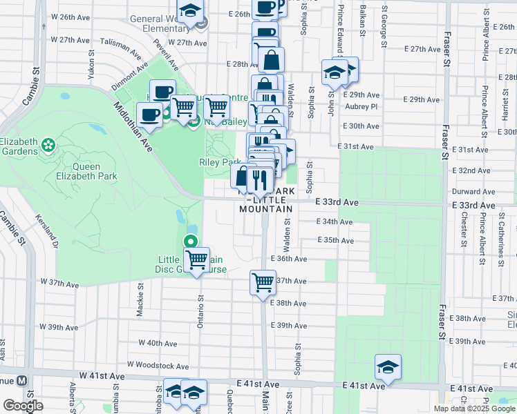 map of restaurants, bars, coffee shops, grocery stores, and more near 208 East 33rd Avenue in Vancouver