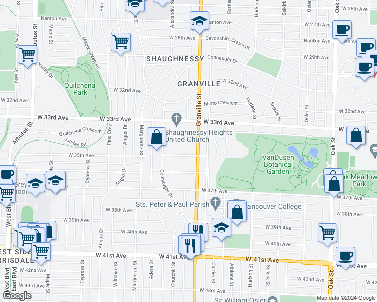 map of restaurants, bars, coffee shops, grocery stores, and more near 1519 West 35th Avenue in Vancouver
