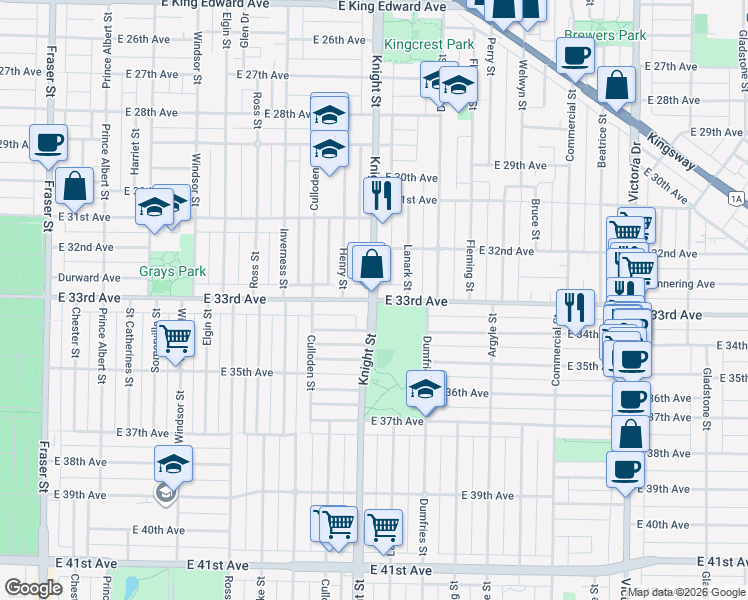 map of restaurants, bars, coffee shops, grocery stores, and more near Knight St & E 33rd Ave in Vancouver