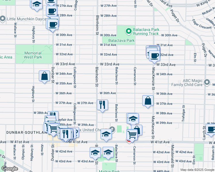 map of restaurants, bars, coffee shops, grocery stores, and more near 3250 West 35th Avenue in Vancouver