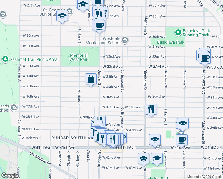 map of restaurants, bars, coffee shops, grocery stores, and more near 3548 West 35th Avenue in Vancouver