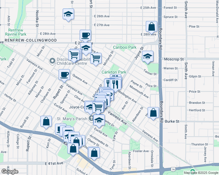 map of restaurants, bars, coffee shops, grocery stores, and more near 3480 Wellington Avenue in Vancouver