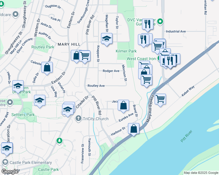 map of restaurants, bars, coffee shops, grocery stores, and more near 1940 Routley Avenue in Port Coquitlam