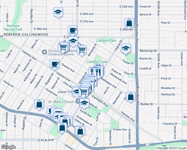 map of restaurants, bars, coffee shops, grocery stores, and more near 3480 Wellington Avenue in Vancouver