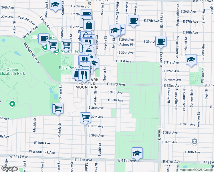 map of restaurants, bars, coffee shops, grocery stores, and more near 356 East 33rd Avenue in Vancouver