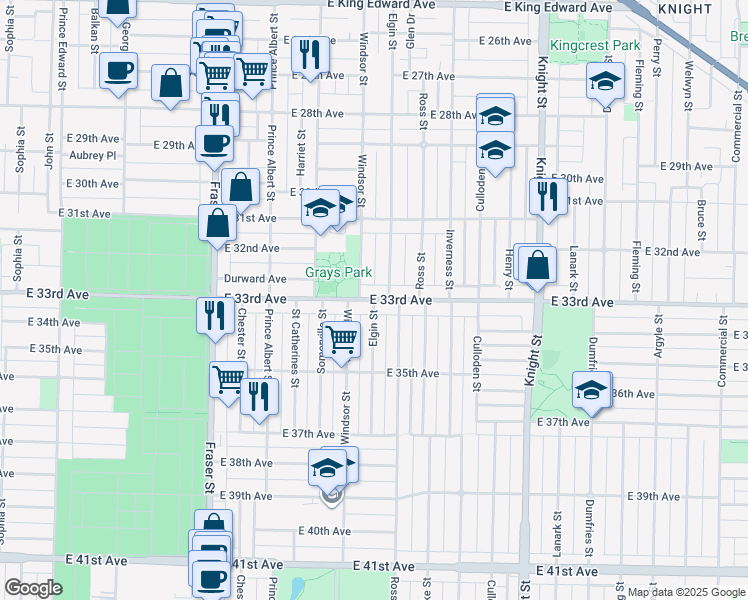 map of restaurants, bars, coffee shops, grocery stores, and more near Elgin St & E 33rd Ave in Vancouver