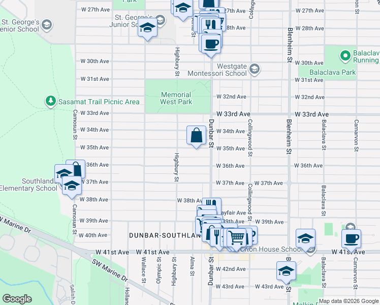 map of restaurants, bars, coffee shops, grocery stores, and more near 3726 West 35th Avenue in Vancouver