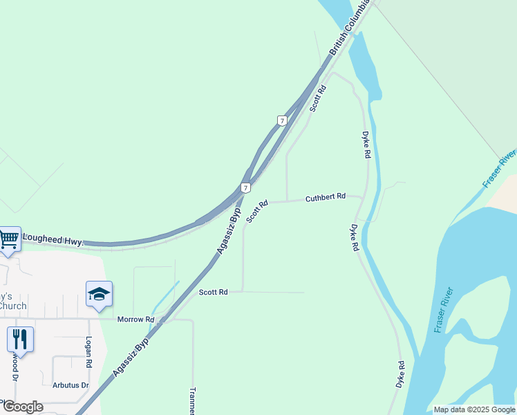 map of restaurants, bars, coffee shops, grocery stores, and more near Scott Road in Agassiz