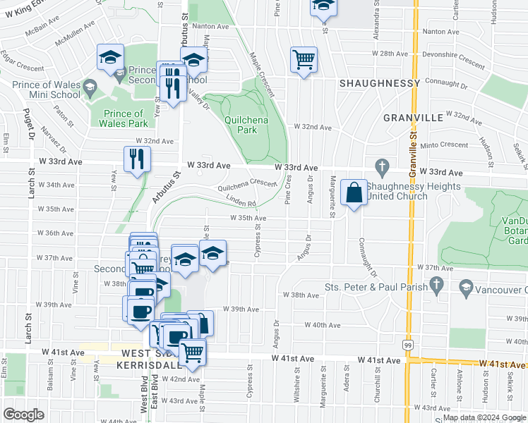 map of restaurants, bars, coffee shops, grocery stores, and more near 1887 West 35th Avenue in Vancouver