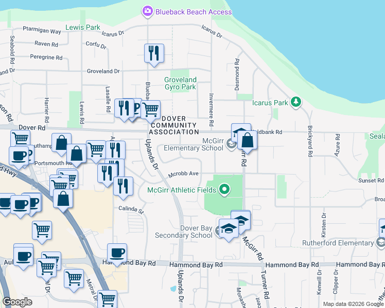 map of restaurants, bars, coffee shops, grocery stores, and more near 6234 Mystic Way in Nanaimo