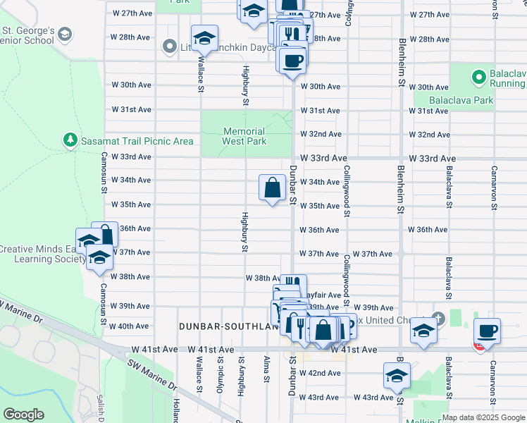 map of restaurants, bars, coffee shops, grocery stores, and more near 3726 West 35th Avenue in Vancouver
