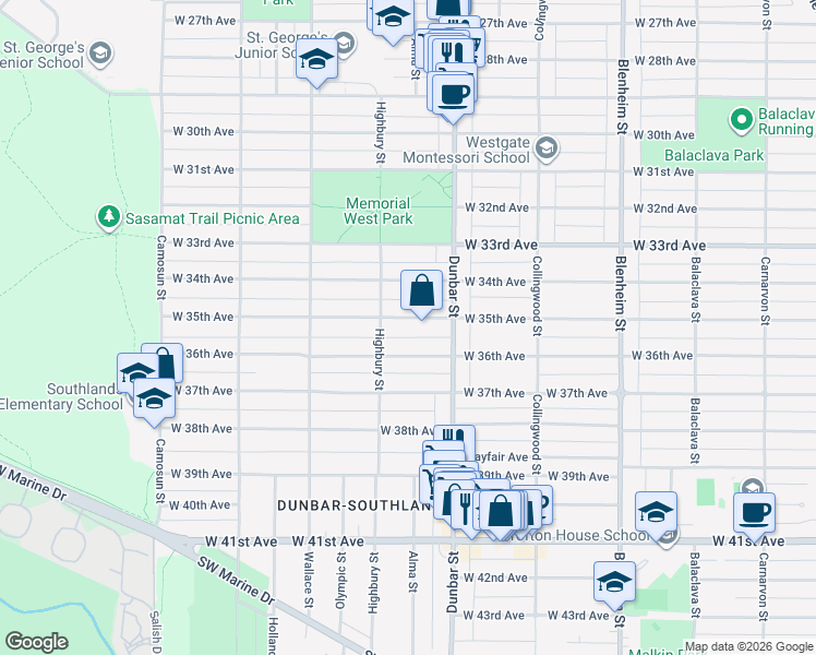 map of restaurants, bars, coffee shops, grocery stores, and more near 3726 West 35th Avenue in Vancouver