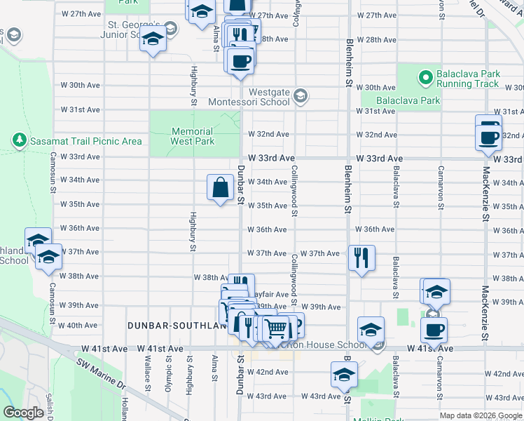 map of restaurants, bars, coffee shops, grocery stores, and more near 3558 West 35th Avenue in Vancouver