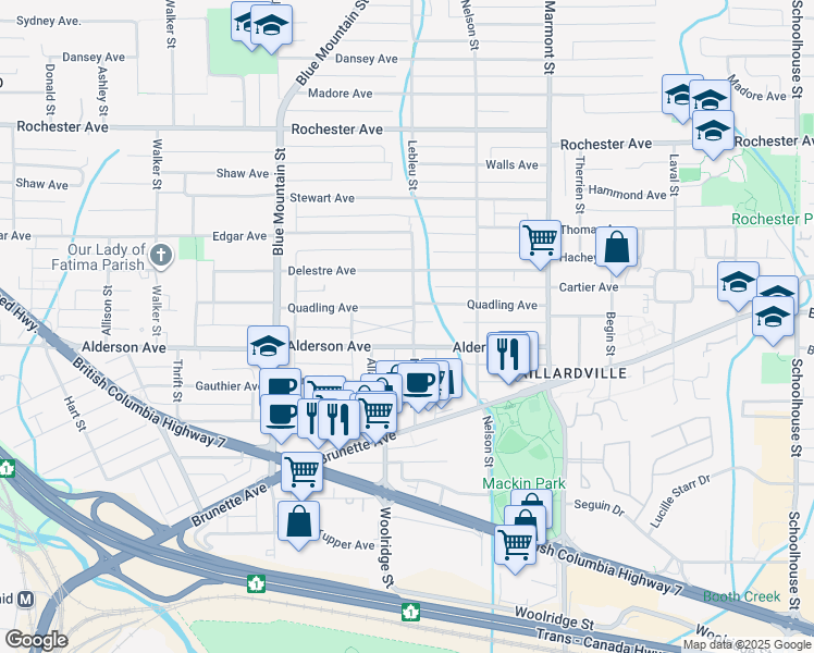 map of restaurants, bars, coffee shops, grocery stores, and more near 250 Lebleu Street in Coquitlam