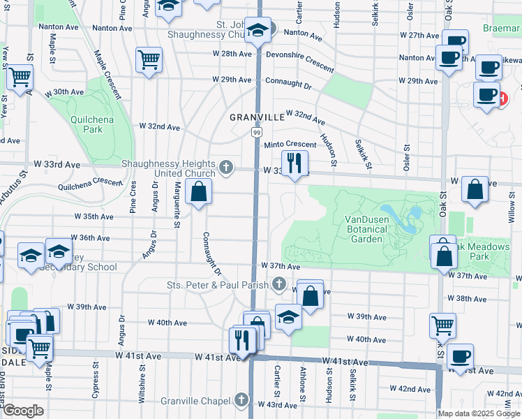 map of restaurants, bars, coffee shops, grocery stores, and more near 5062 Granville Street in Vancouver