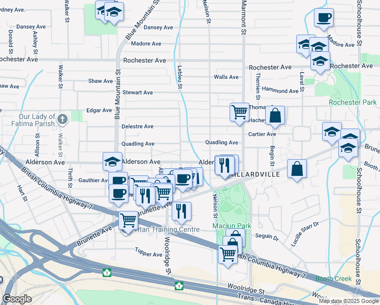 map of restaurants, bars, coffee shops, grocery stores, and more near 1005 Alderson Avenue in Coquitlam