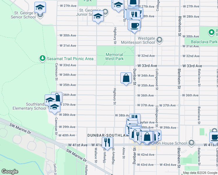 map of restaurants, bars, coffee shops, grocery stores, and more near 3828 West 35th Avenue in Vancouver