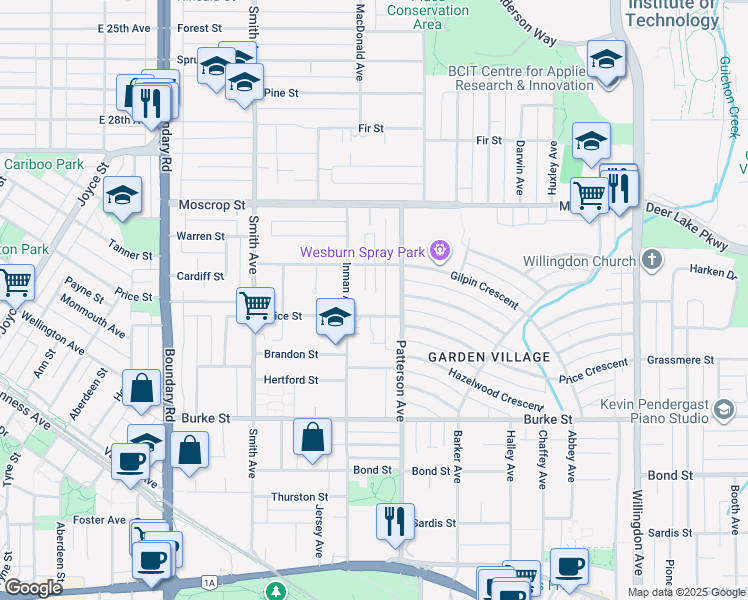 map of restaurants, bars, coffee shops, grocery stores, and more near 4872 Gilpin Court in Burnaby