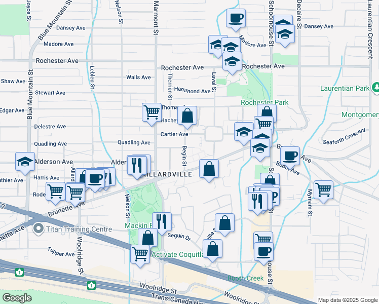 map of restaurants, bars, coffee shops, grocery stores, and more near 219 Begin Street in Coquitlam