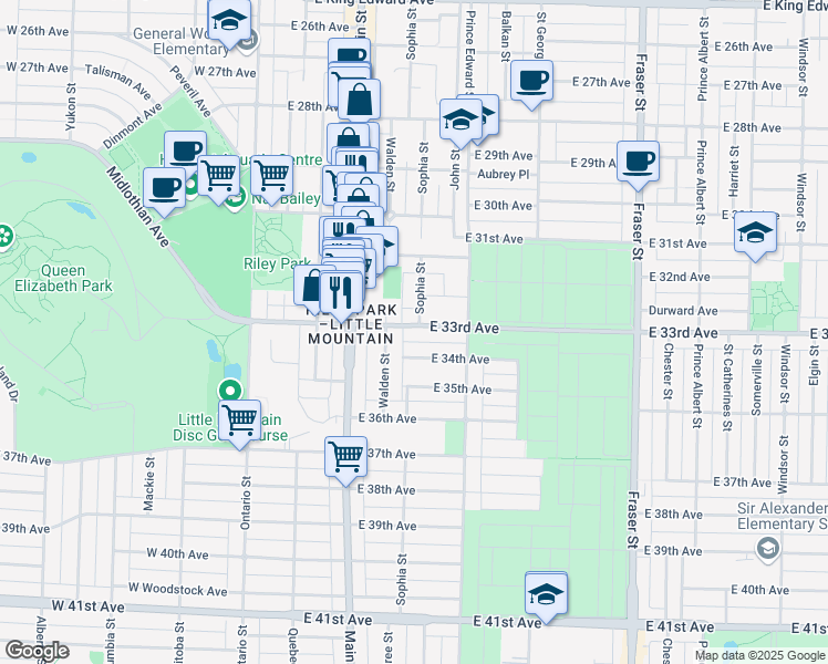 map of restaurants, bars, coffee shops, grocery stores, and more near 312 East 33rd Avenue in Vancouver