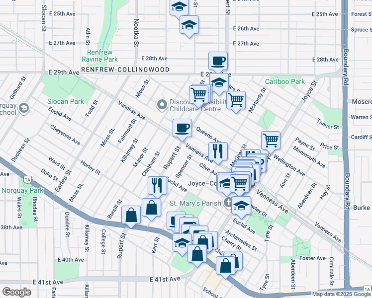 map of restaurants, bars, coffee shops, grocery stores, and more near 3224 Vanness Avenue in Vancouver