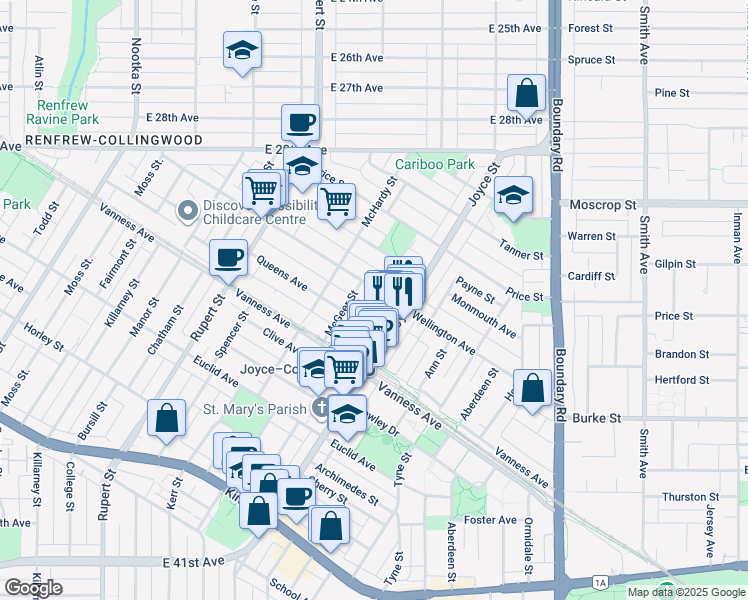 map of restaurants, bars, coffee shops, grocery stores, and more near 3466 Wellington Avenue in Vancouver