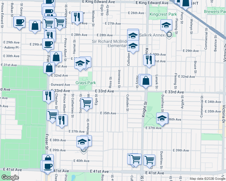map of restaurants, bars, coffee shops, grocery stores, and more near in Vancouver