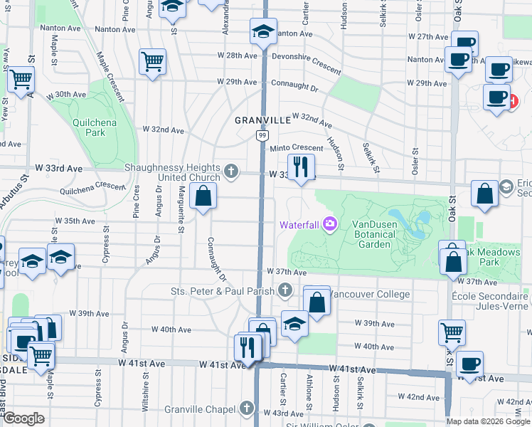 map of restaurants, bars, coffee shops, grocery stores, and more near in Vancouver