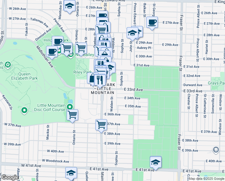 map of restaurants, bars, coffee shops, grocery stores, and more near 208 East 33rd Avenue in Vancouver