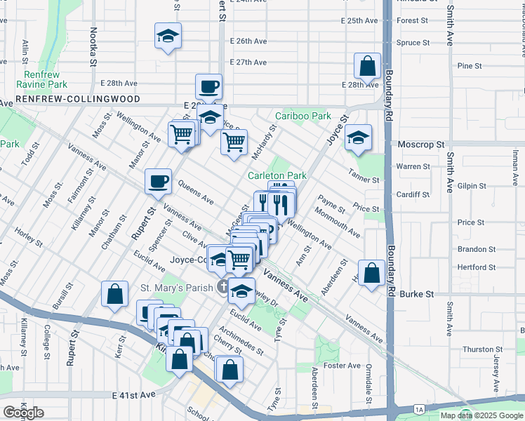 map of restaurants, bars, coffee shops, grocery stores, and more near in Vancouver