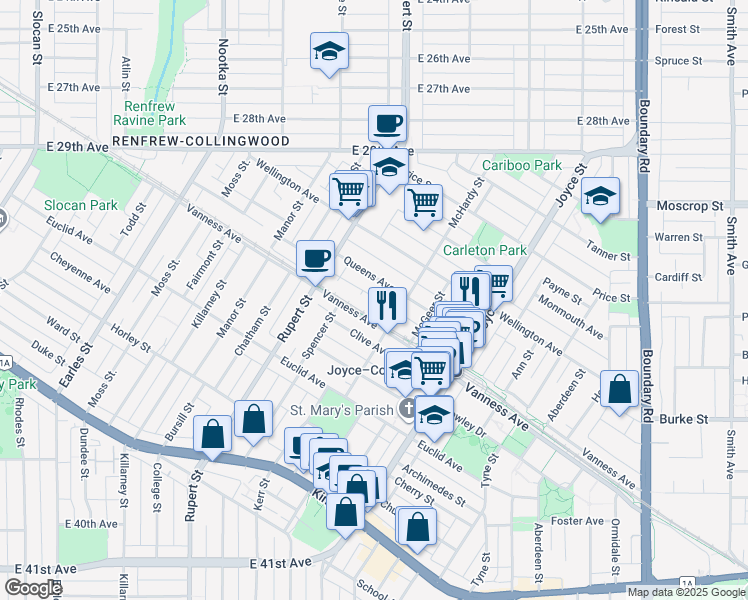 map of restaurants, bars, coffee shops, grocery stores, and more near 3263 Vanness Avenue in Vancouver