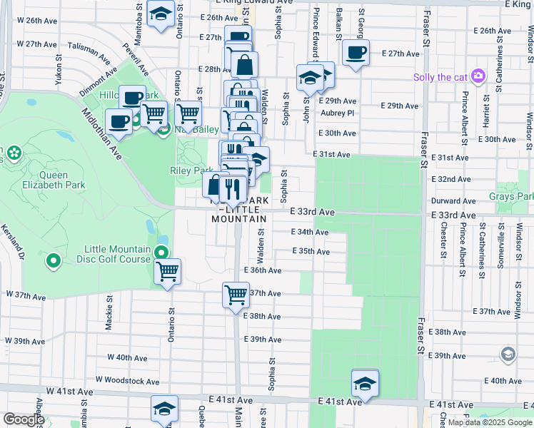 map of restaurants, bars, coffee shops, grocery stores, and more near 4908 Walden Street in Vancouver