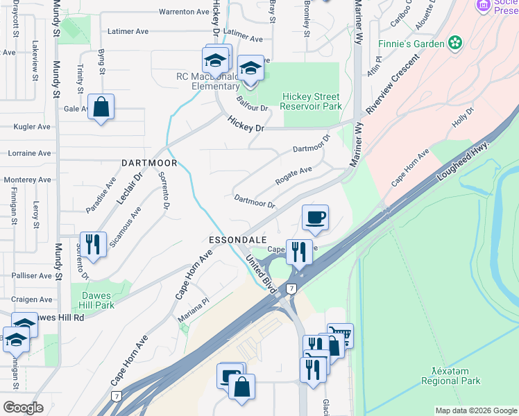 map of restaurants, bars, coffee shops, grocery stores, and more near 304 Dartmoor Drive in Coquitlam