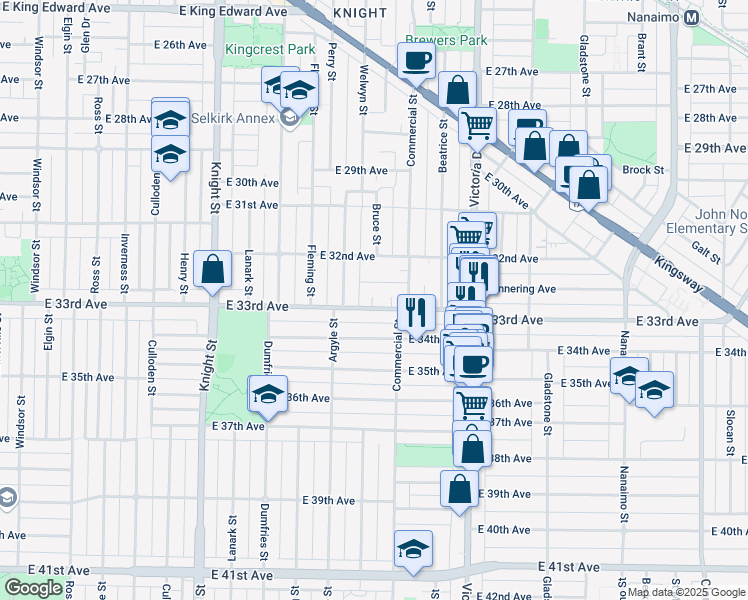 map of restaurants, bars, coffee shops, grocery stores, and more near 1733 East 33rd Avenue in Vancouver