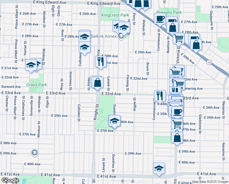 map of restaurants, bars, coffee shops, grocery stores, and more near 1505 East 33rd Avenue in Vancouver